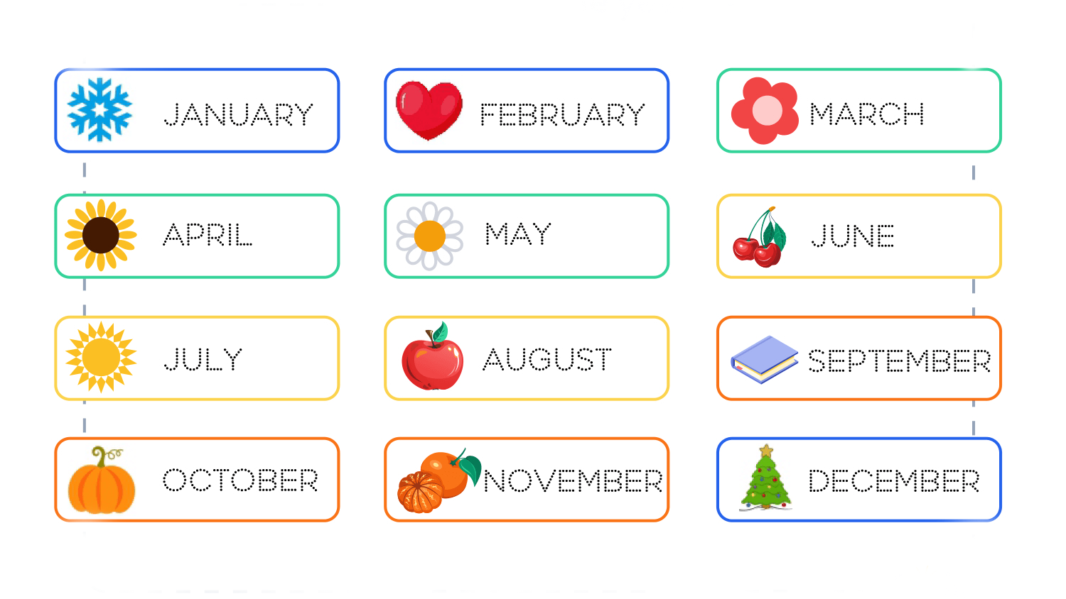 Los doce meses del año en inglés, de January a December, con ilustraciones